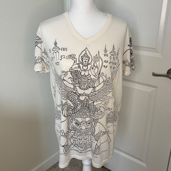 Work Tops - Work Thai Deity Graphic V-Neck T-Shirt Cream Black Line Art Garuda Mens Large